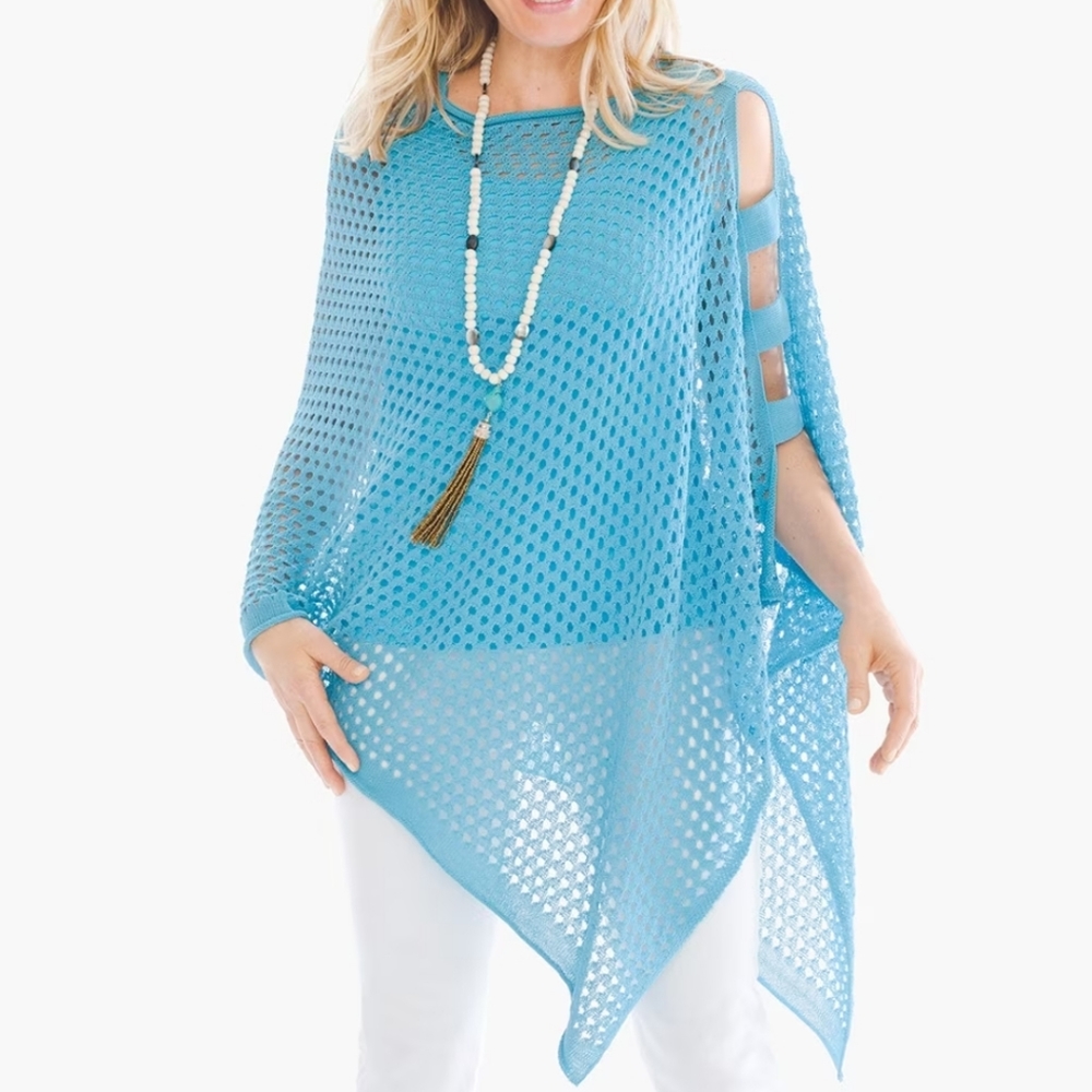 Hand Crafted Teal Open-Knit Poncho